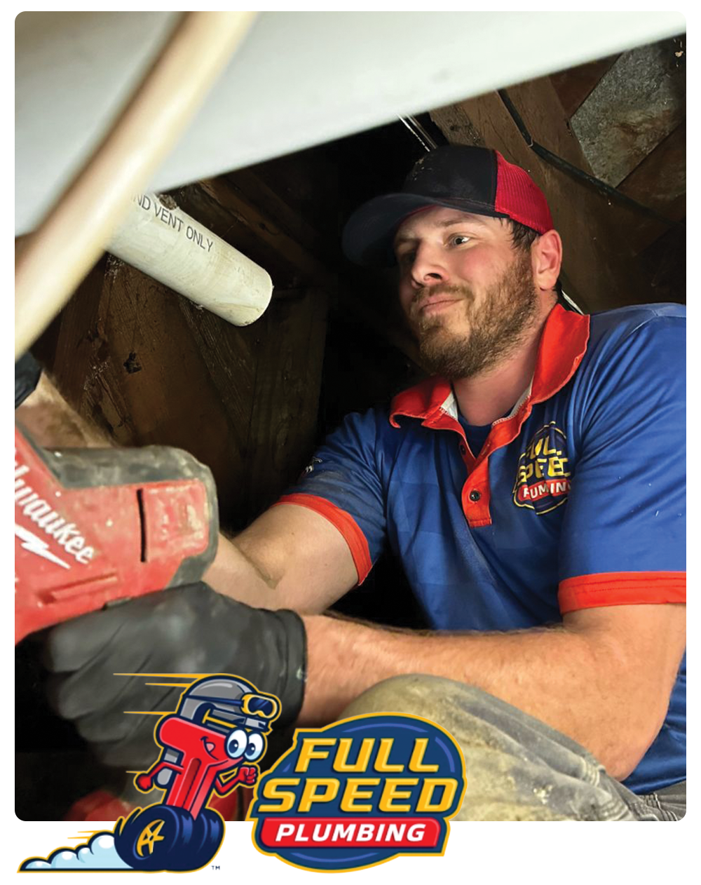 Image a full speed plumber working on a pipe